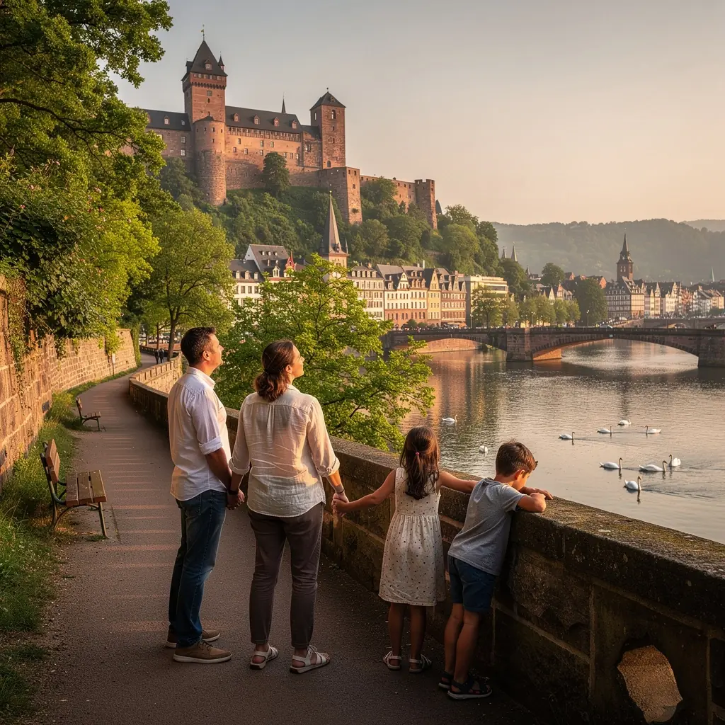 Eine Familie erkundet die malerische Altstadt von Heidelberg mit historischen Gebäuden im Hintergrund.